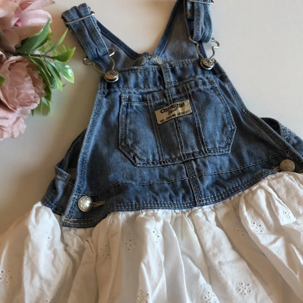 Osh Kosh Girl Bib Overalls Denim Dress Jumper White Eyelet Lace skirt 24M